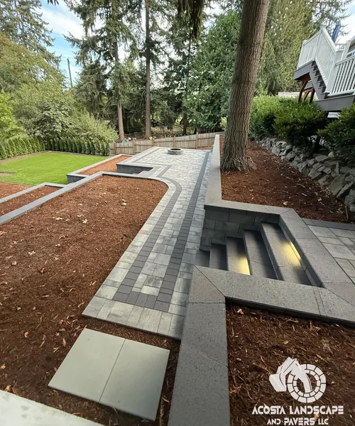 Landscape Design, Tiered Paver Patio & Turf in Shoreline 